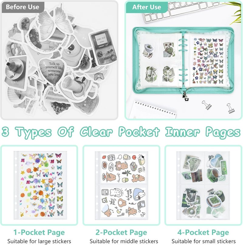 Ruatu Sticker Storage Organizer Binder A5 Sticker Collecting Book Reusable Zipper Album with Clear Laser Star Cover and Pocket Pages (Cyan) - Image 3